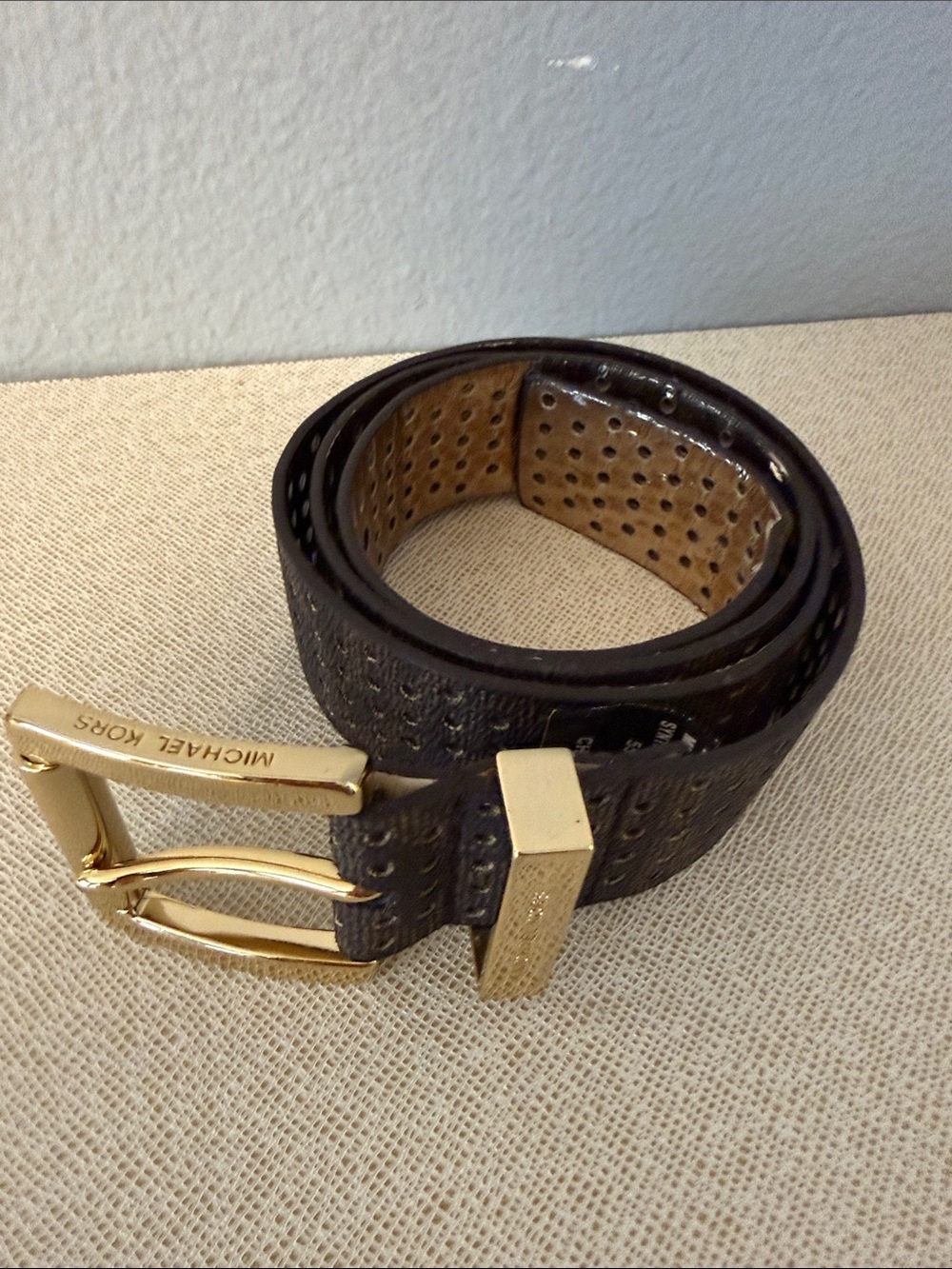 Michael Kors Brown Perforated Belt with Gold-Tone Buckle